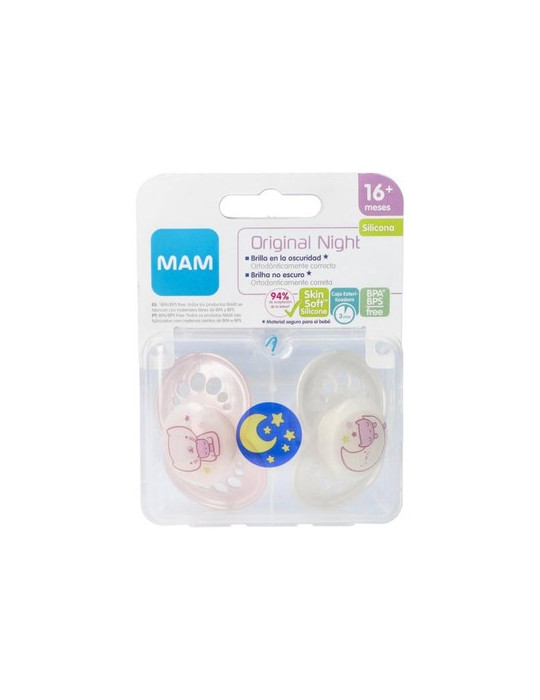 CHUPETE SILICONA MAM NIGHT + 16 M PACK DOBLE ROSA