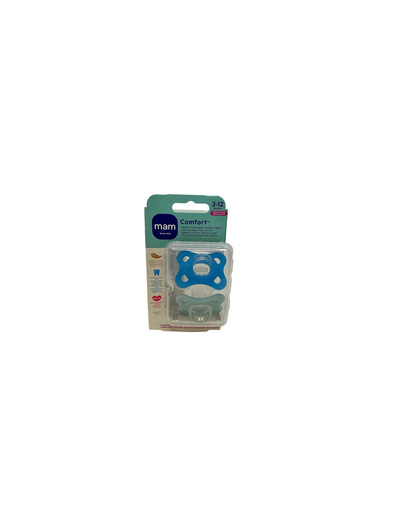 CHUPETE SILICONA MAM COMFORT 3-12 MESES 2 UNIDADES COLOR AZUL PACK DOBLE