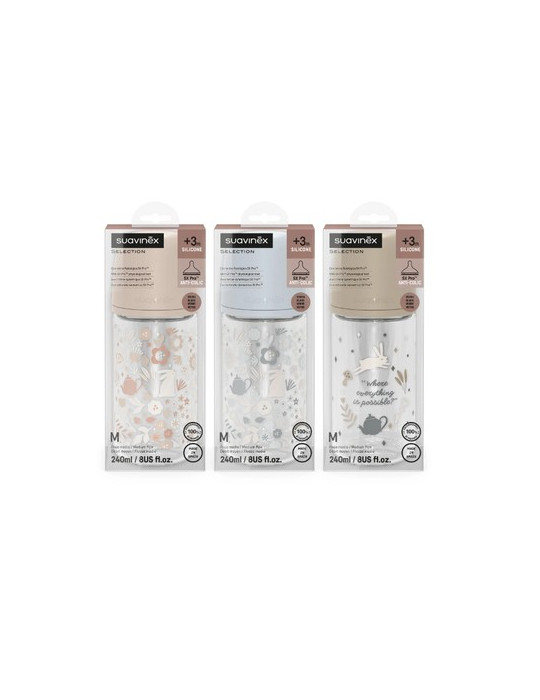 BIBERON VIDRIO TETINA FISIOLOGICA SILICONA SUAVINEX SX PRO SELECTION + 3 MESES 1 UNIDAD 240 ML FLUJO